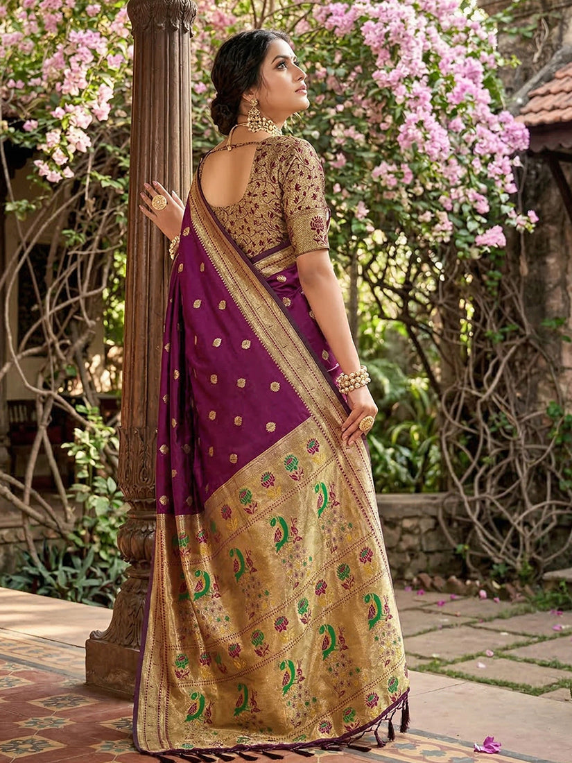Monjolika Fashion Wine Banarasi Silk Blend Saree With Peacock Paithani Border | Grocsy