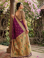 Monjolika Fashion Wine Banarasi Silk Blend Saree With Peacock Paithani Border | Grocsy