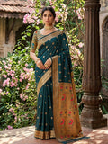 Monjolika Fashion Dark Teal Banarasi Silk Blend Saree With Peacock Paithani Border | Grocsy