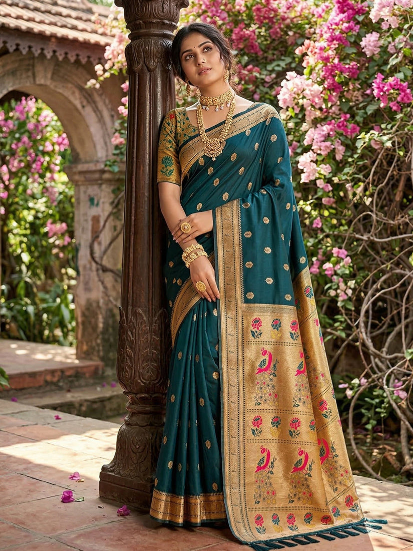 Monjolika Fashion Dark Teal Banarasi Silk Blend Saree With Peacock Paithani Border | Grocsy
