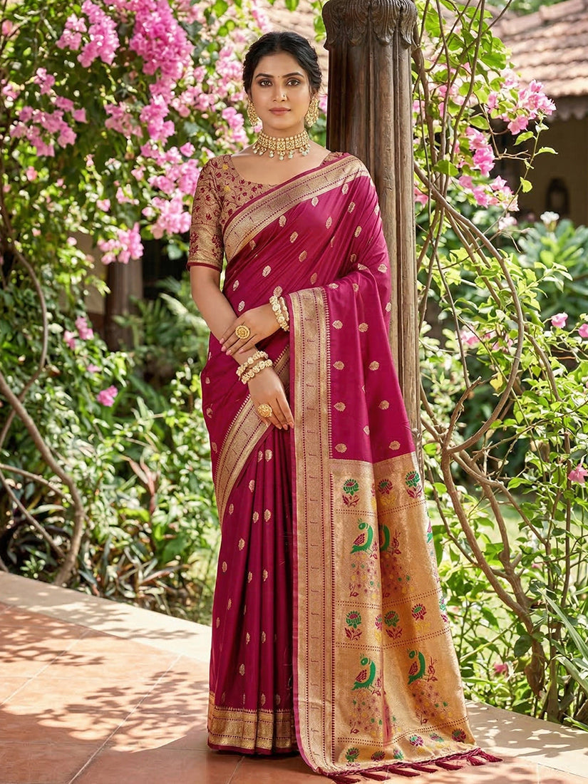 Monjolika Fashion Dark Magenta Banarasi Silk Blend Saree With Peacock Paithani Border | Grocsy