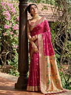 Monjolika Fashion Dark Magenta Banarasi Silk Blend Saree With Peacock Paithani Border | Grocsy