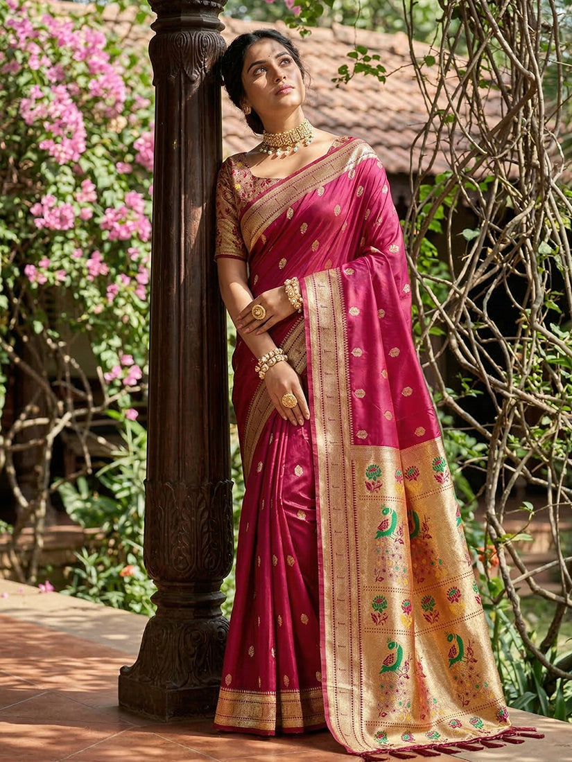 Monjolika Fashion Dark Magenta Banarasi Silk Blend Saree With Peacock Paithani Border | Grocsy