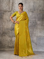 Monjolika Fashion Mustard Yellow Kanjivaram Silk Blend Zari Woven Saree With Unstiched Blouse | Grocsy