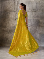 Monjolika Fashion Mustard Yellow Kanjivaram Silk Blend Zari Woven Saree With Unstiched Blouse | Grocsy