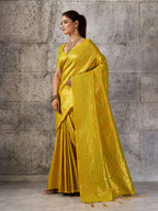 Monjolika Fashion Mustard Yellow Kanjivaram Silk Blend Zari Woven Saree With Unstiched Blouse | Grocsy