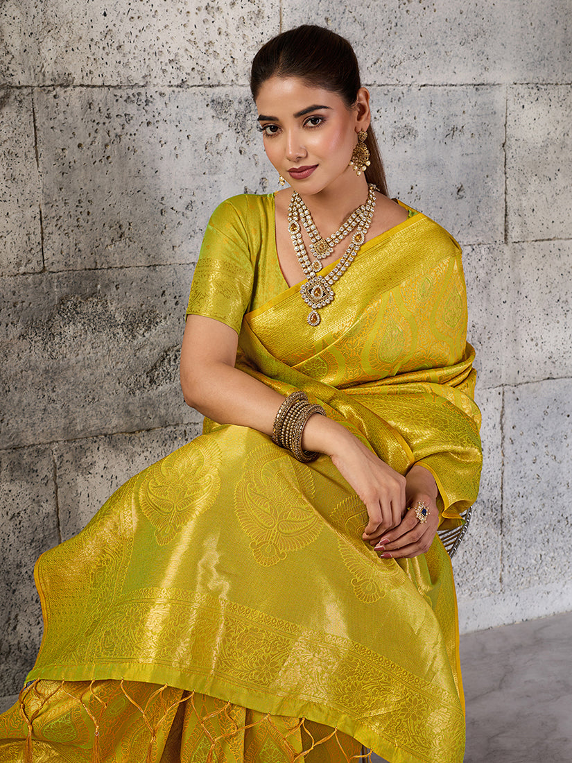 Monjolika Fashion Mustard Yellow Kanjivaram Silk Blend Zari Woven Saree With Unstiched Blouse | Grocsy