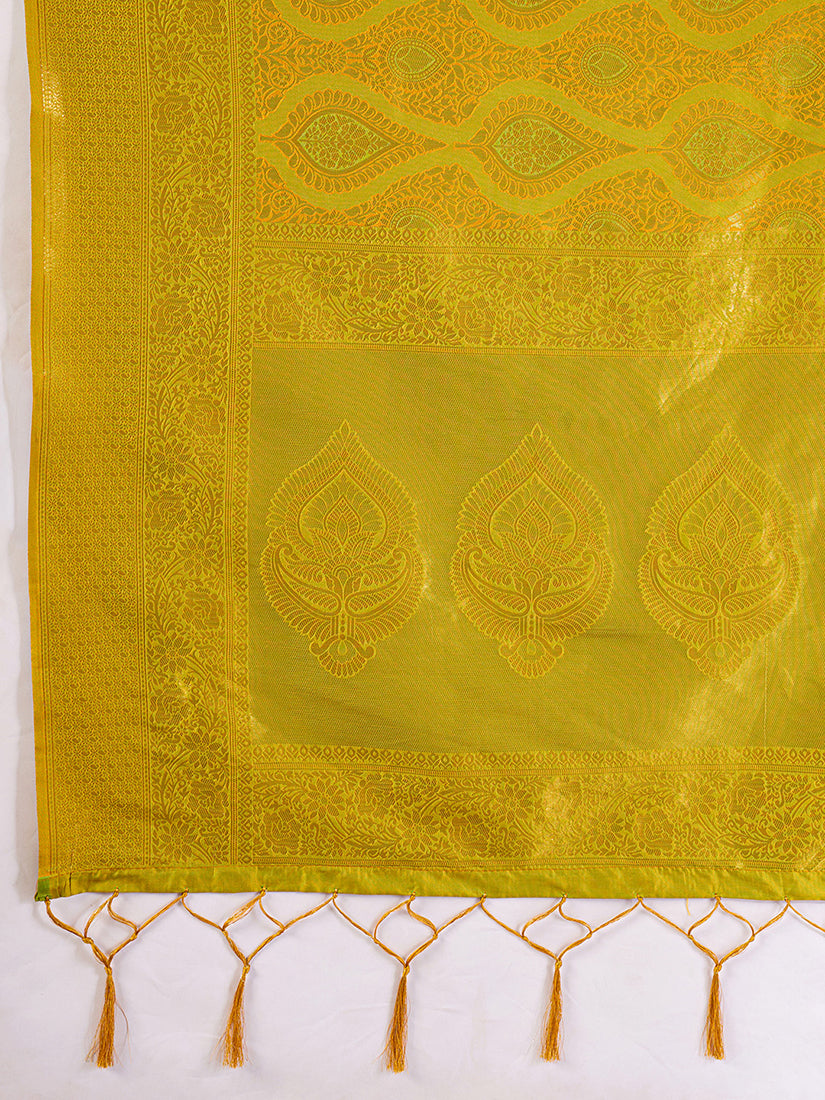 Monjolika Fashion Mustard Yellow Kanjivaram Silk Blend Zari Woven Saree With Unstiched Blouse | Grocsy