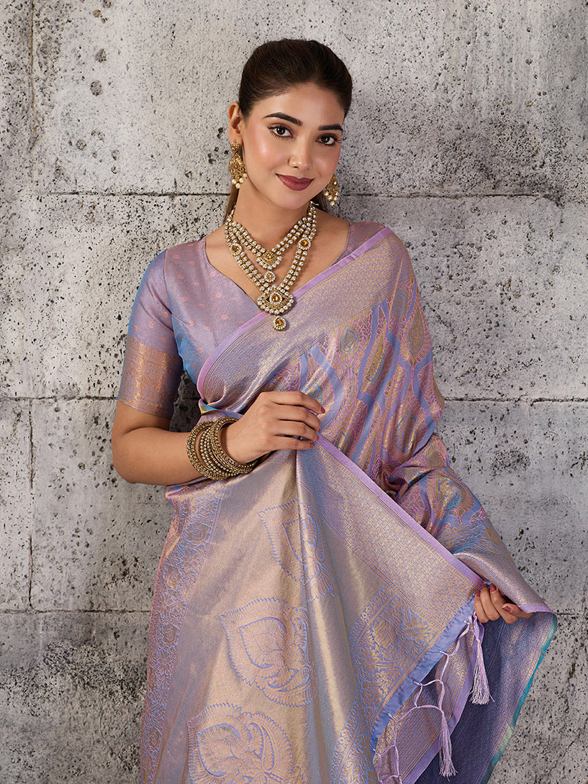 Monjolika Fashion Lavender Kanjivaram Silk Blend Zari Woven Saree With Unstiched Blouse | Grocsy