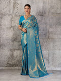 Monjolika Fashion Light Blue Kanjivaram Silk Blend Zari Woven Saree With Unstiched Blouse | Grocsy