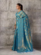 Monjolika Fashion Light Blue Kanjivaram Silk Blend Zari Woven Saree With Unstiched Blouse | Grocsy