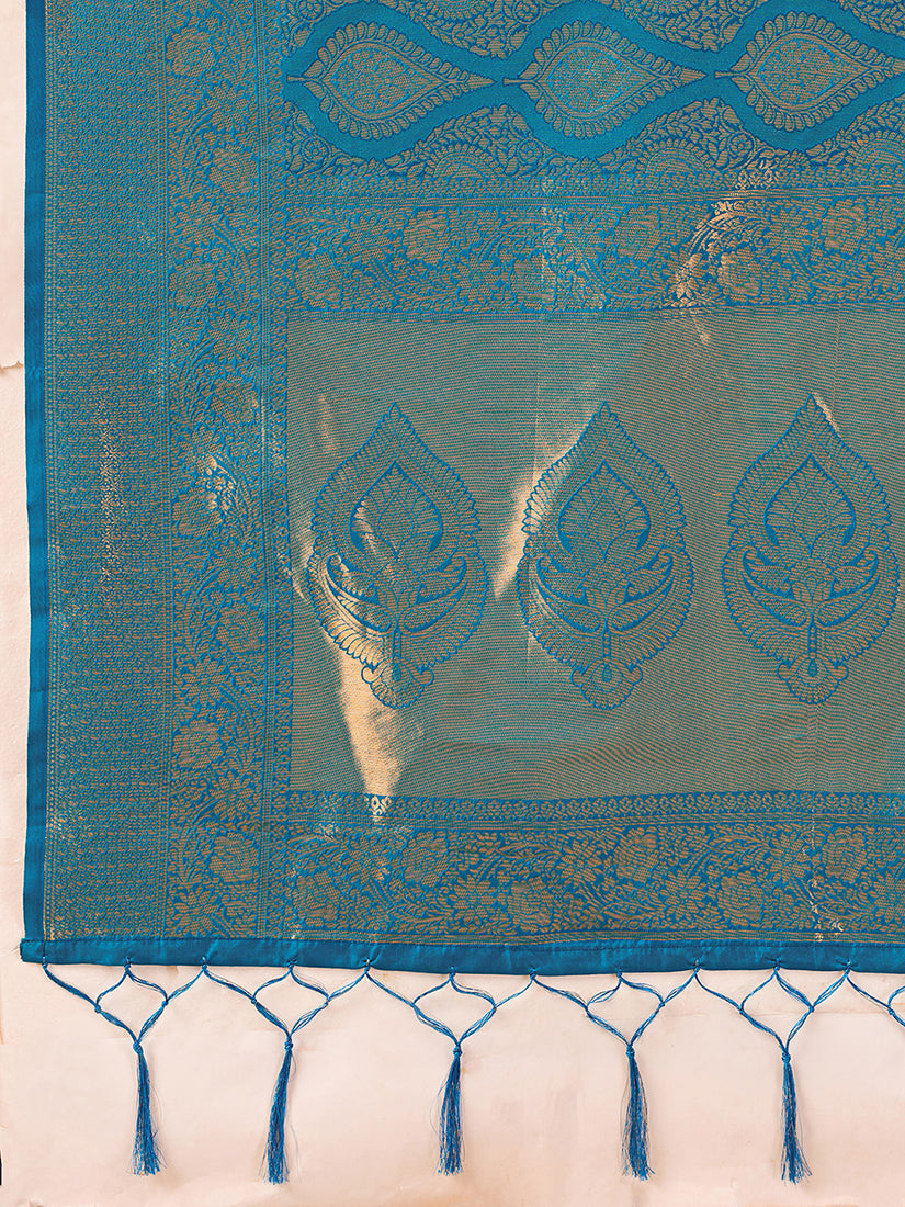 Monjolika Fashion Light Blue Kanjivaram Silk Blend Zari Woven Saree With Unstiched Blouse | Grocsy