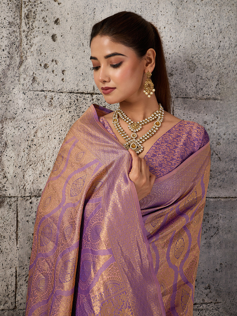Monjolika Fashion Mauve Purple Kanjivaram Silk Blend Zari Woven Saree With Unstiched Blouse | Grocsy