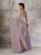 Monjolika Fashion Greyish Lavender Kanjivaram Silk Blend Zari Woven Saree With Unstiched Blouse | Grocsy