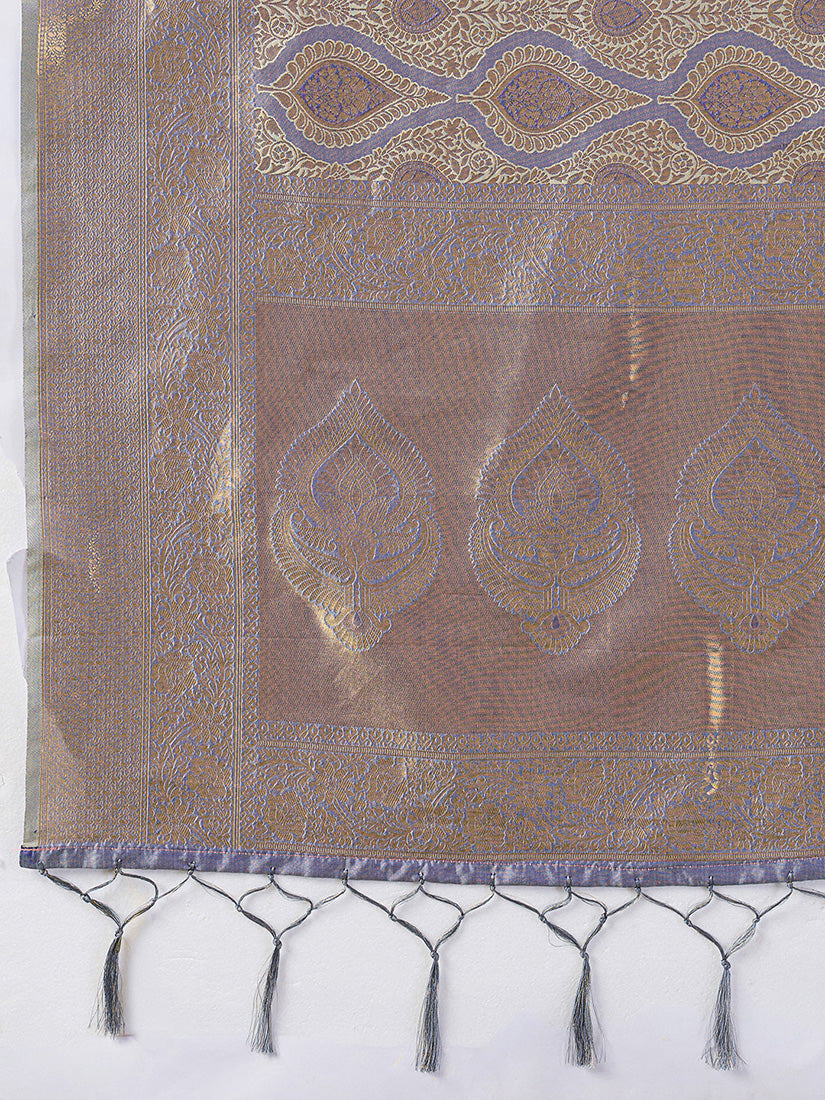 Monjolika Fashion Greyish Lavender Kanjivaram Silk Blend Zari Woven Saree With Unstiched Blouse | Grocsy