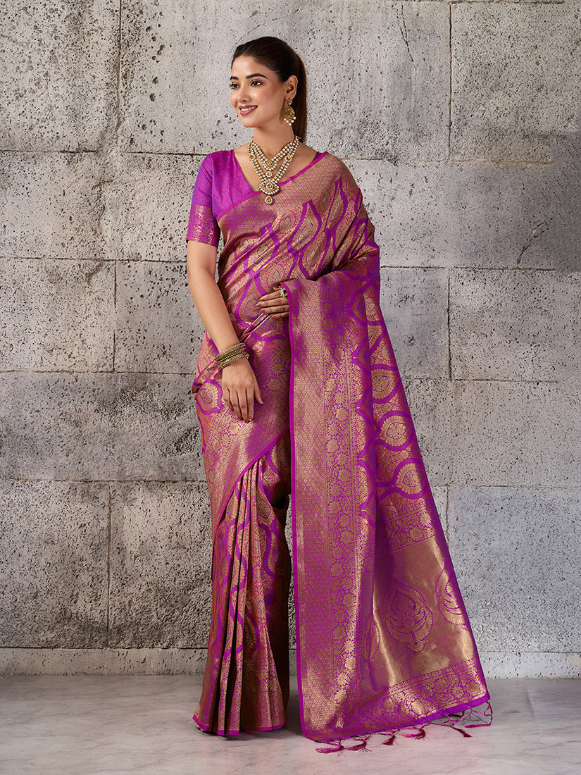 Monjolika Fashion Magenta Kanjivaram Silk Blend Zari Woven Saree With Unstiched Blouse | Grocsy