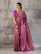 Monjolika Fashion Magenta Kanjivaram Silk Blend Zari Woven Saree With Unstiched Blouse | Grocsy