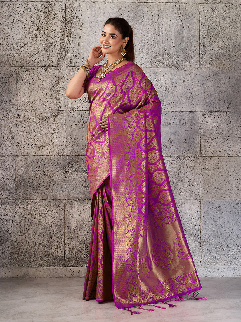 Monjolika Fashion Magenta Kanjivaram Silk Blend Zari Woven Saree With Unstiched Blouse | Grocsy