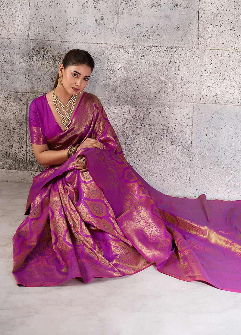 Monjolika Fashion Magenta Kanjivaram Silk Blend Zari Woven Saree With Unstiched Blouse | Grocsy