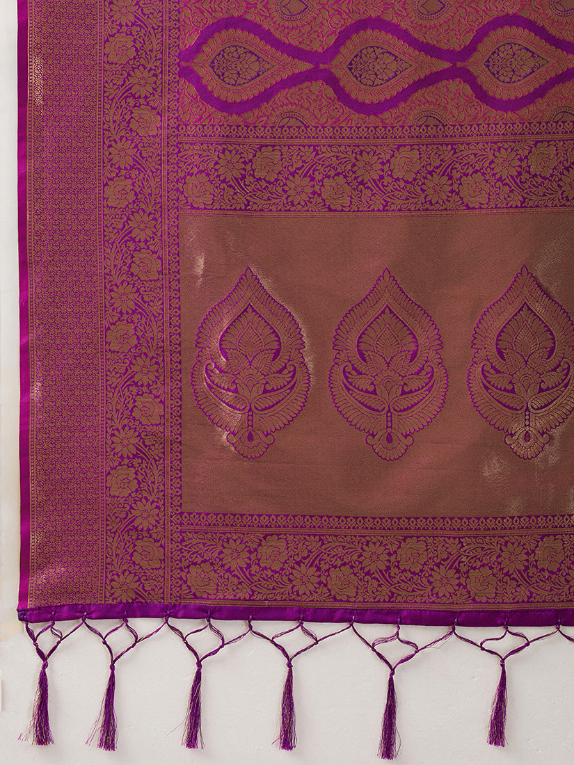 Monjolika Fashion Magenta Kanjivaram Silk Blend Zari Woven Saree With Unstiched Blouse | Grocsy