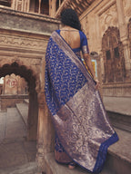 Monjolika Fashion Royal Blue Art Silk Blend Saree with Gold Zari Floral Meenakari Work | Grocsy