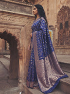 Monjolika Fashion Royal Blue Art Silk Blend Saree with Gold Zari Floral Meenakari Work | Grocsy