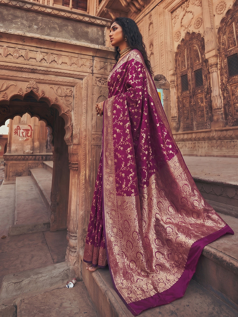 Monjolika Fashion Wine Purple Art Silk Saree With Gold Zari Floral Meenakari Work | Grocsy