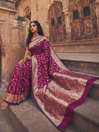 Monjolika Fashion Wine Purple Art Silk Saree With Gold Zari Floral Meenakari Work | Grocsy