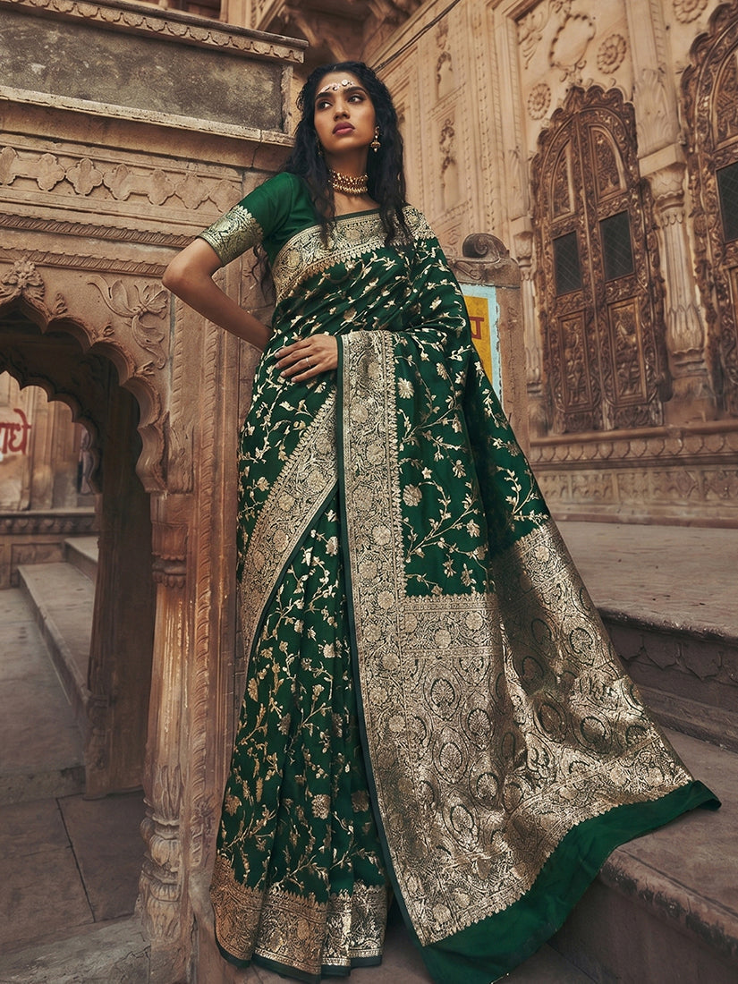 Monjolika Fashion Dark Green Art Silk Saree With Gold Zari Floral Meenakari Work | Grocsy