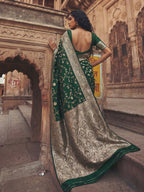 Monjolika Fashion Dark Green Art Silk Saree With Gold Zari Floral Meenakari Work | Grocsy