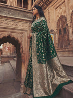 Monjolika Fashion Dark Green Art Silk Saree With Gold Zari Floral Meenakari Work | Grocsy