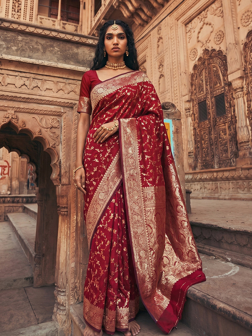 Monjolika Fashion Maroon Art Silk Saree With Gold Zari Floral Meenakari Work | Grocsy