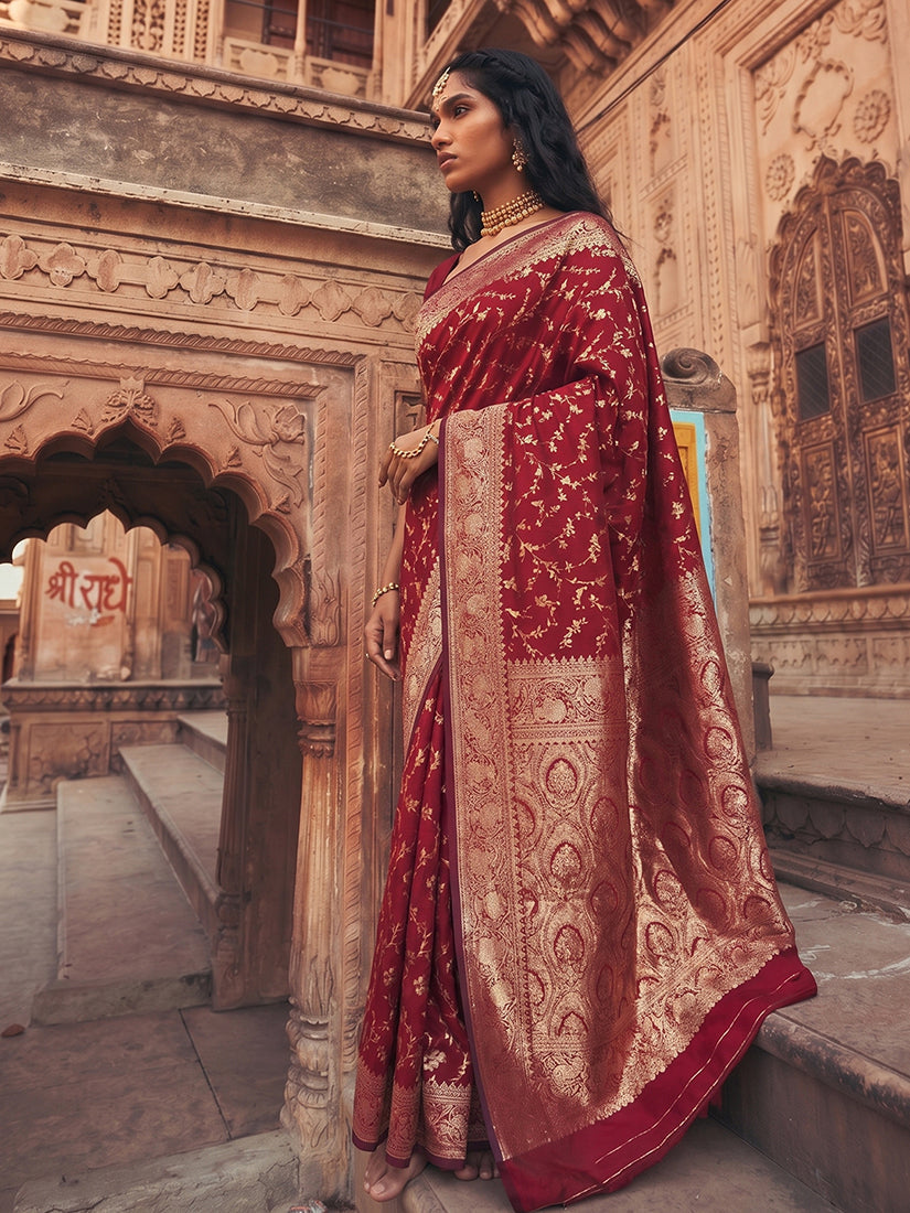 Monjolika Fashion Maroon Art Silk Saree With Gold Zari Floral Meenakari Work | Grocsy