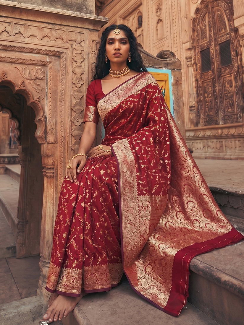 Monjolika Fashion Maroon Art Silk Saree With Gold Zari Floral Meenakari Work | Grocsy