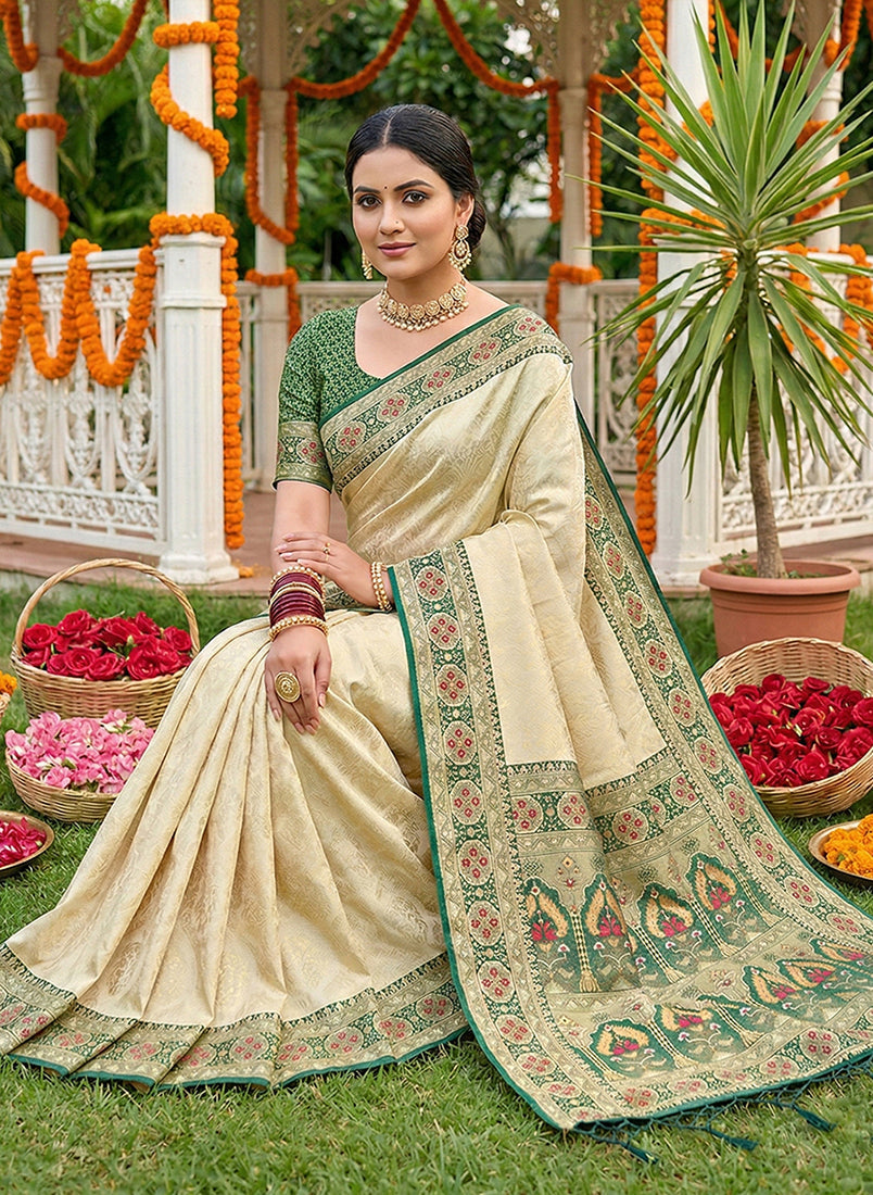 Monjolika Fashion Cream Banarasi Silk Blend Saree with Dark Green Zari Woven Border | Grocsy