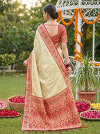 Monjolika Fashion Cream Banarasi Silk Blend Saree with Red Zari Woven Border | Grocsy
