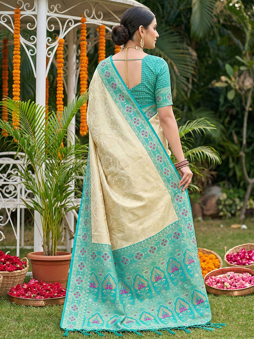 Monjolika Fashion Cream Banarasi Silk Blend Saree with Aqua Blue Zari Woven Border | Grocsy
