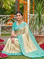 Monjolika Fashion Cream Banarasi Silk Blend Saree with Aqua Blue Zari Woven Border | Grocsy