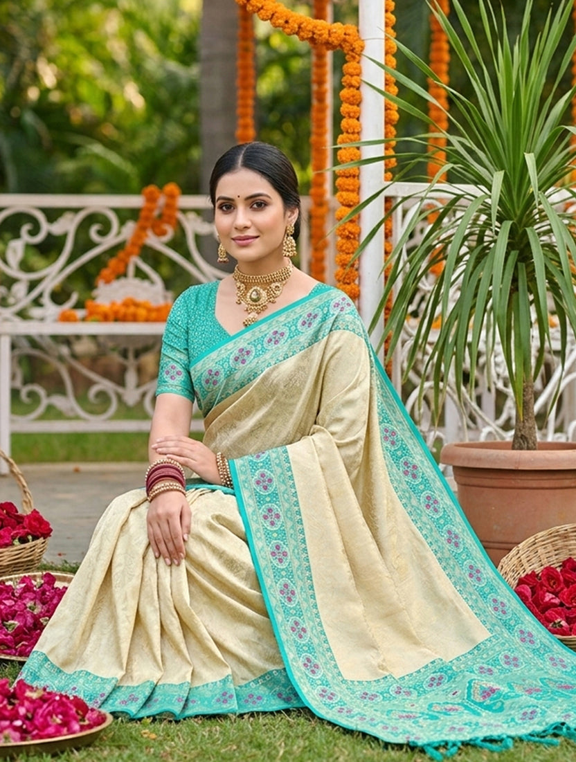 Monjolika Fashion Cream Banarasi Silk Blend Saree with Aqua Blue Zari Woven Border | Grocsy