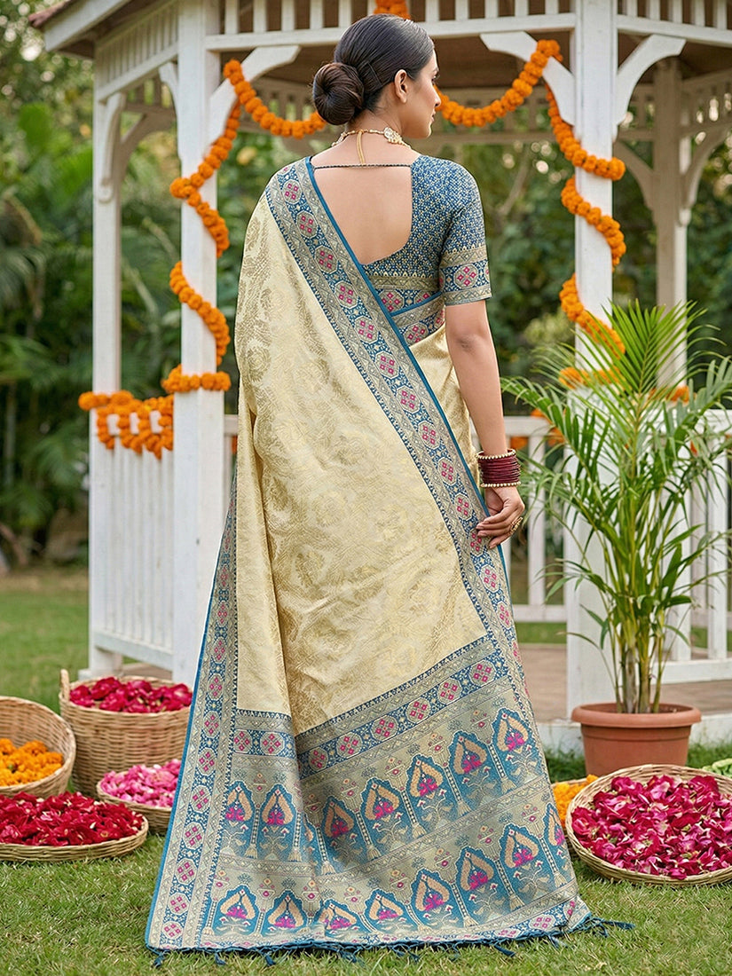 Monjolika Fashion Cream Banarasi Silk Blend Saree with Blue Zari Woven Border | Grocsy