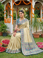 Monjolika Fashion Cream Banarasi Silk Blend Saree with Blue Zari Woven Border | Grocsy