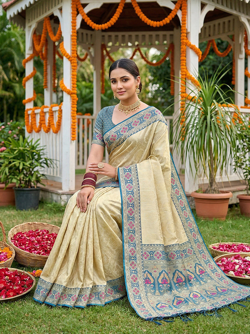 Monjolika Fashion Cream Banarasi Silk Blend Saree with Blue Zari Woven Border | Grocsy