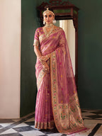 Monjolika Fashion Onion Pink Tissue Silk Blend Saree with Paithani Border and Floral Pallu | Grocsy