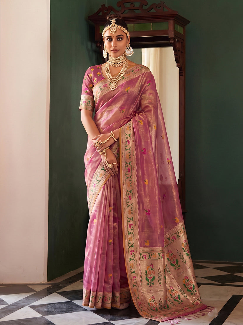 Monjolika Fashion Onion Pink Tissue Silk Blend Saree with Paithani Border and Floral Pallu | Grocsy