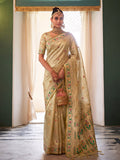Monjolika Fashion Cream Tissue Silk Blend Saree with Paithani Border and Floral Pallu | Grocsy