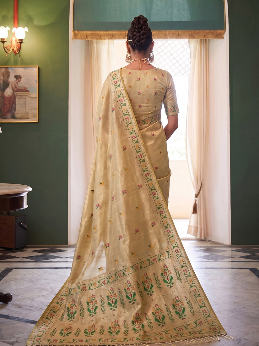 Monjolika Fashion Cream Tissue Silk Blend Saree with Paithani Border and Floral Pallu | Grocsy