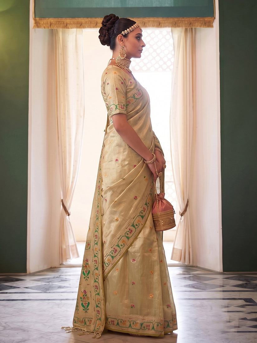 Monjolika Fashion Cream Tissue Silk Blend Saree with Paithani Border and Floral Pallu | Grocsy