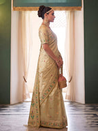 Monjolika Fashion Cream Tissue Silk Blend Saree with Paithani Border and Floral Pallu | Grocsy