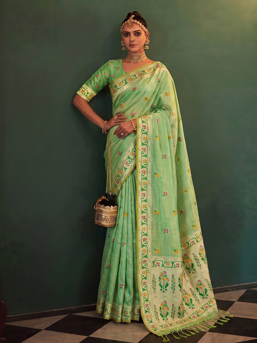 Monjolika Fashion Light Green Tissue Silk Blend Saree with Paithani Border and Floral Pallu | Grocsy