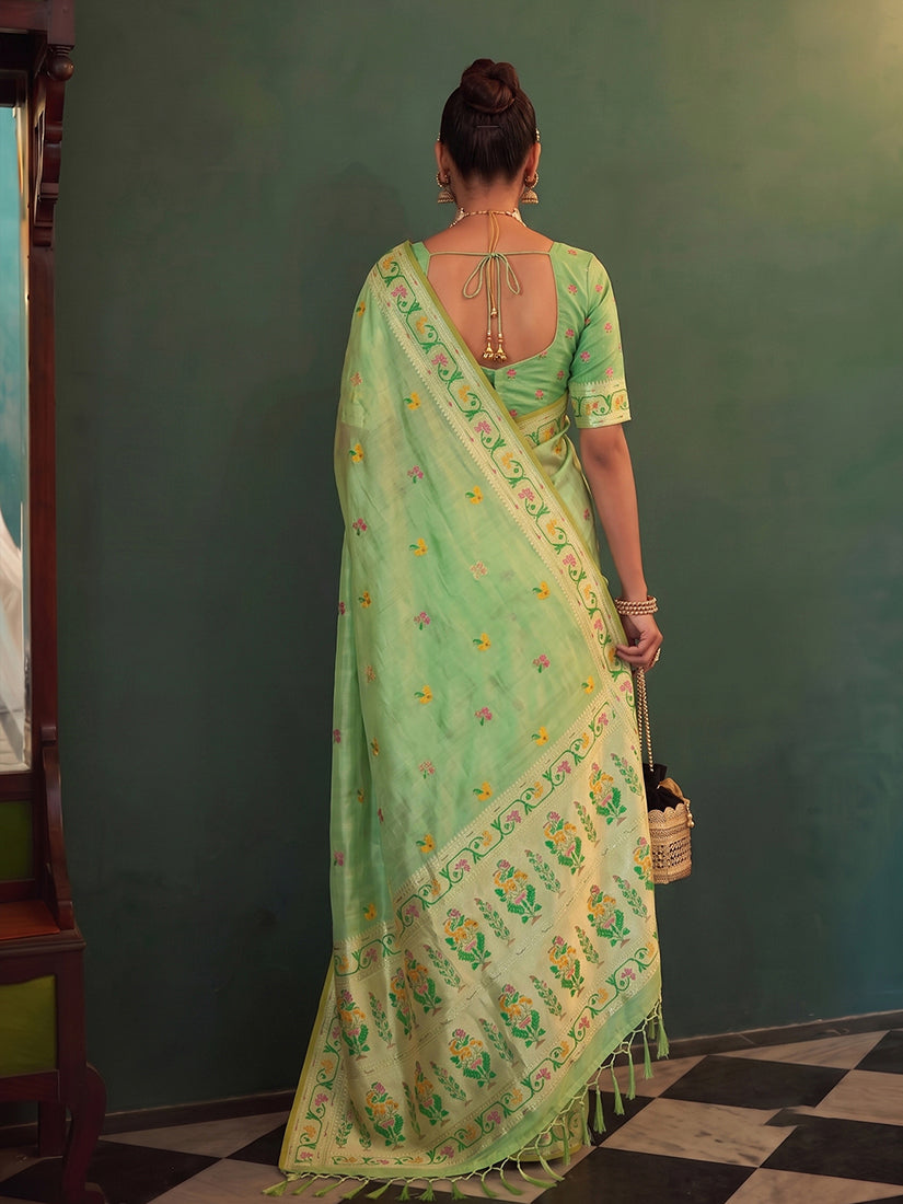 Monjolika Fashion Light Green Tissue Silk Blend Saree with Paithani Border and Floral Pallu | Grocsy
